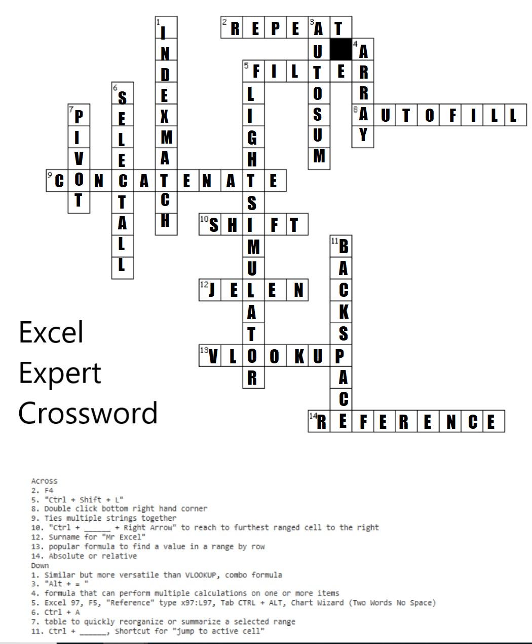 Excel Crossword Puzzle Answers Welcome To Excel Shortcut 